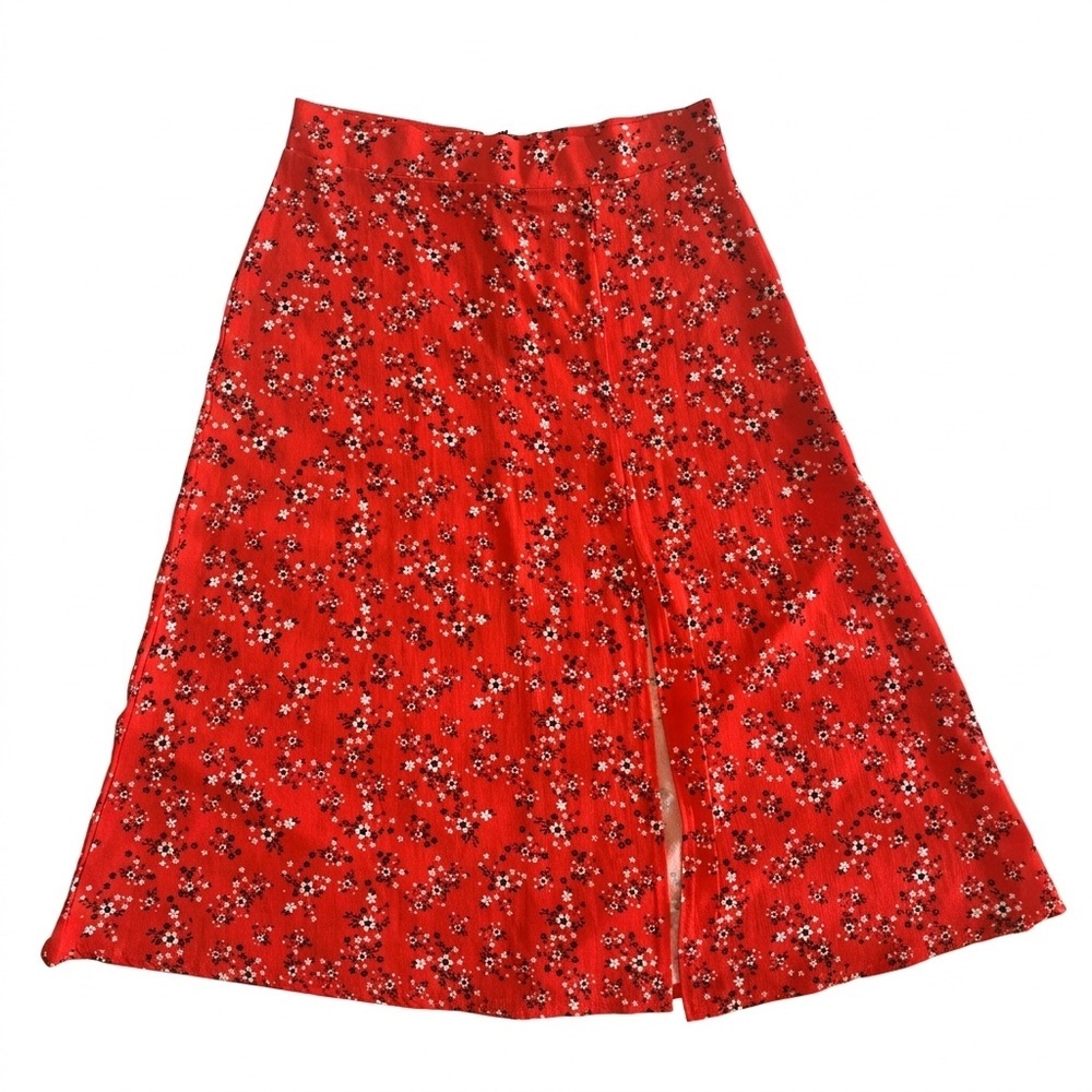 PrettyLittleThing Red Ditsy Floral Skirt Midi Side Slit Red NWOT Sz 10